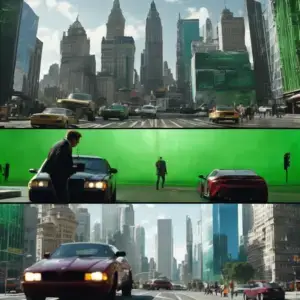 Behind the scenes of a virtual production from background to green screen to composite.